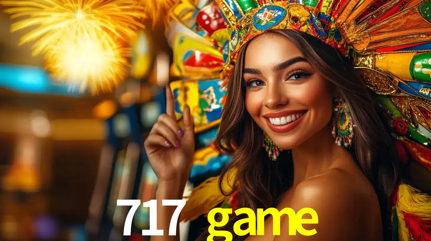 Mulher sorridente com um cocar de carnaval vibrante e colorido, celebrando uma grande vitória nos jogos do cassino 717 game com fogos de artifício ao fundo.