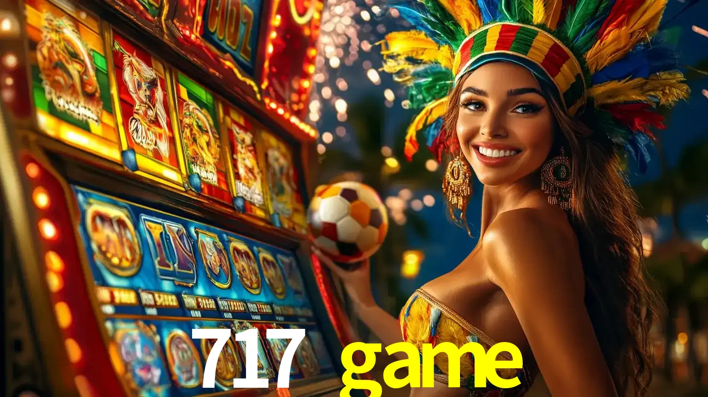 Mulher com um cocar de carnaval ao lado de uma máquina de caça-níqueis enquanto segura uma bola de futebol, mostrando a união da diversão de cassino e esportes no 717 game.