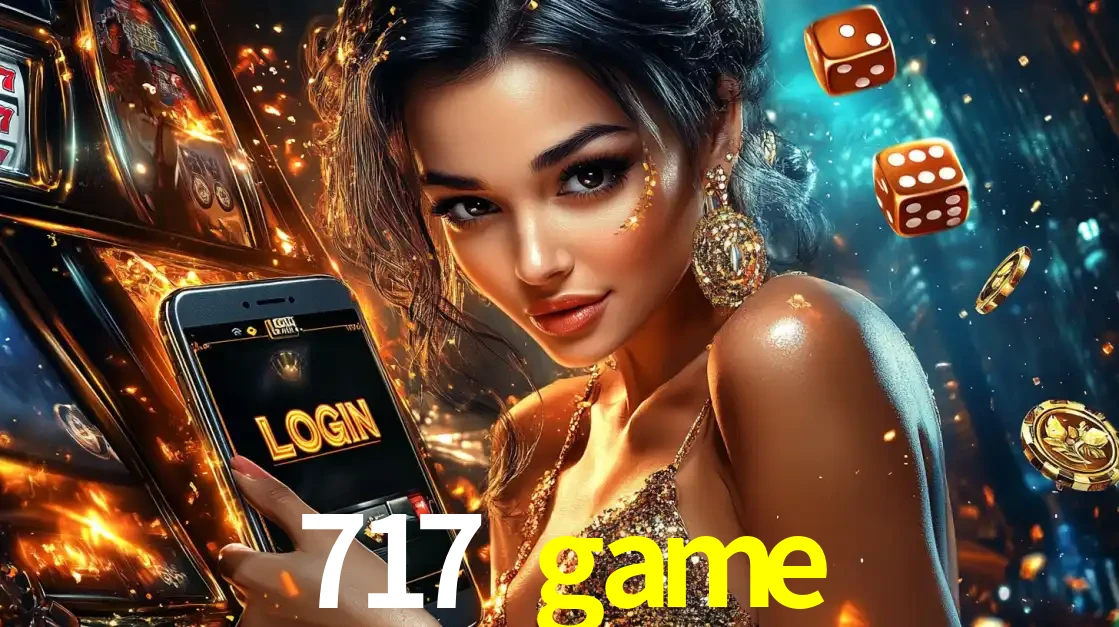 Mulher glamourosa segurando um celular com a tela de login do cassino 717 game, rodeada por dados e moedas douradas, pronta para começar a diversão.