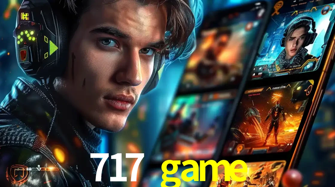 Jovem jogador com fones de ouvido olhando para a câmera, com um aplicativo de jogos e e-sports para celular ao fundo, pronto para a competição e apostas no 717 game.