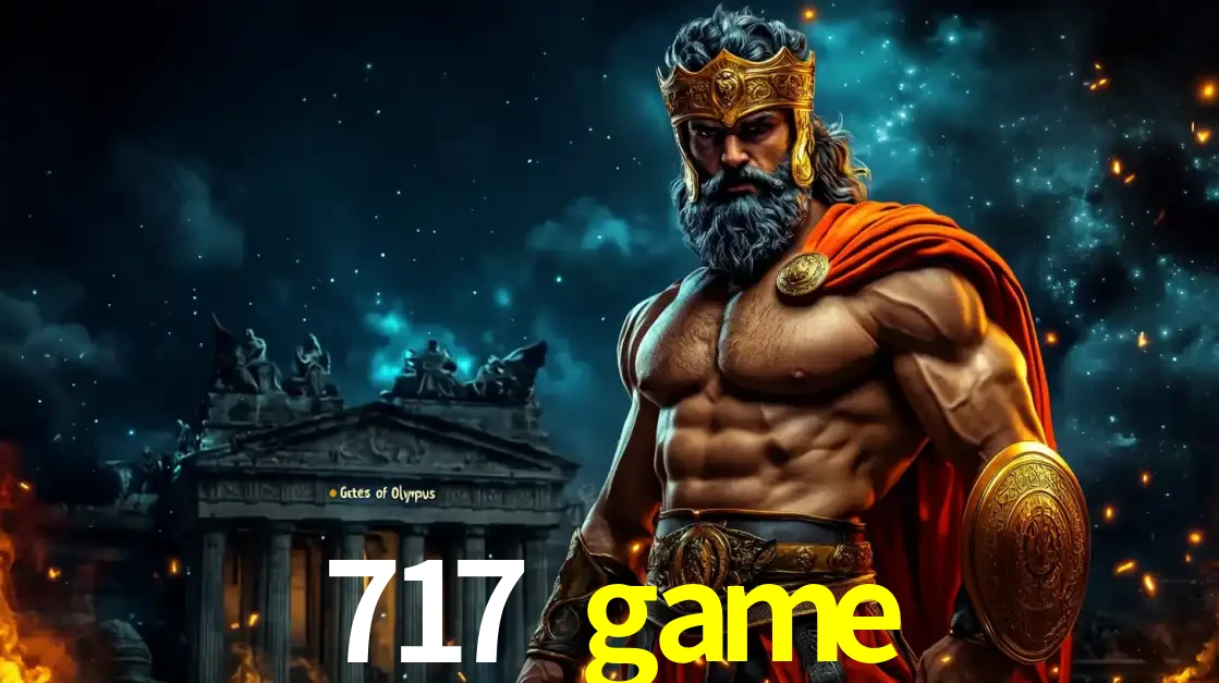 O poderoso Zeus do jogo de slot Gates of Olympus em frente ao seu templo, pronto para lançar multiplicadores divinos e prêmios épicos no cassino online 717 game.