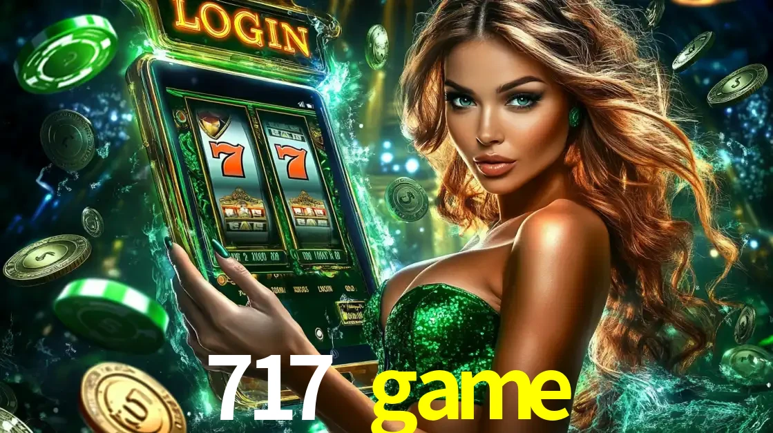 Mulher com tema verde apresentando o aplicativo do cassino 717 game com um jogo de slot de 777, cercada por fichas de cassino e uma aura de sorte.