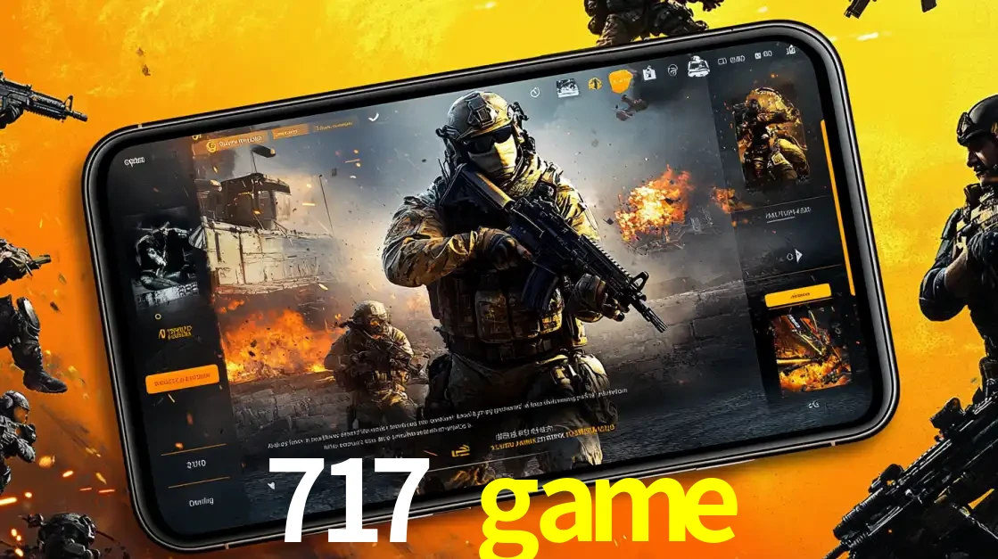 Um smartphone exibindo a interface de um jogo de tiro em primeira pessoa, com um soldado em um cenário de batalha, representando a ação dos e-sports para apostar no 717 game.