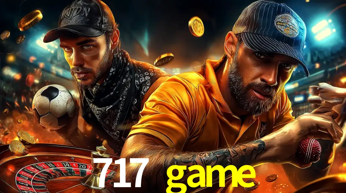 Montagem de apostas esportivas e cassino no 717 game, com um homem segurando uma bola de futebol e outro uma de beisebol sobre uma roleta e moedas voadoras.