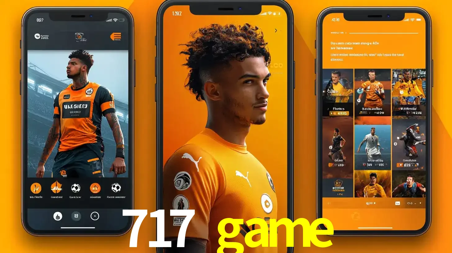 Interface do aplicativo de apostas esportivas 717 game em três telas de celular, mostrando o perfil de um jogador de futebol e a lista de jogos disponíveis para apostar.