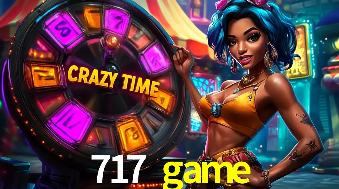 Mulher estilizada com cabelo azul e visual vibrante posando ao lado da roda de prêmios do game show Crazy Time, convidando para a diversão e os bônus do cassino 717 game.