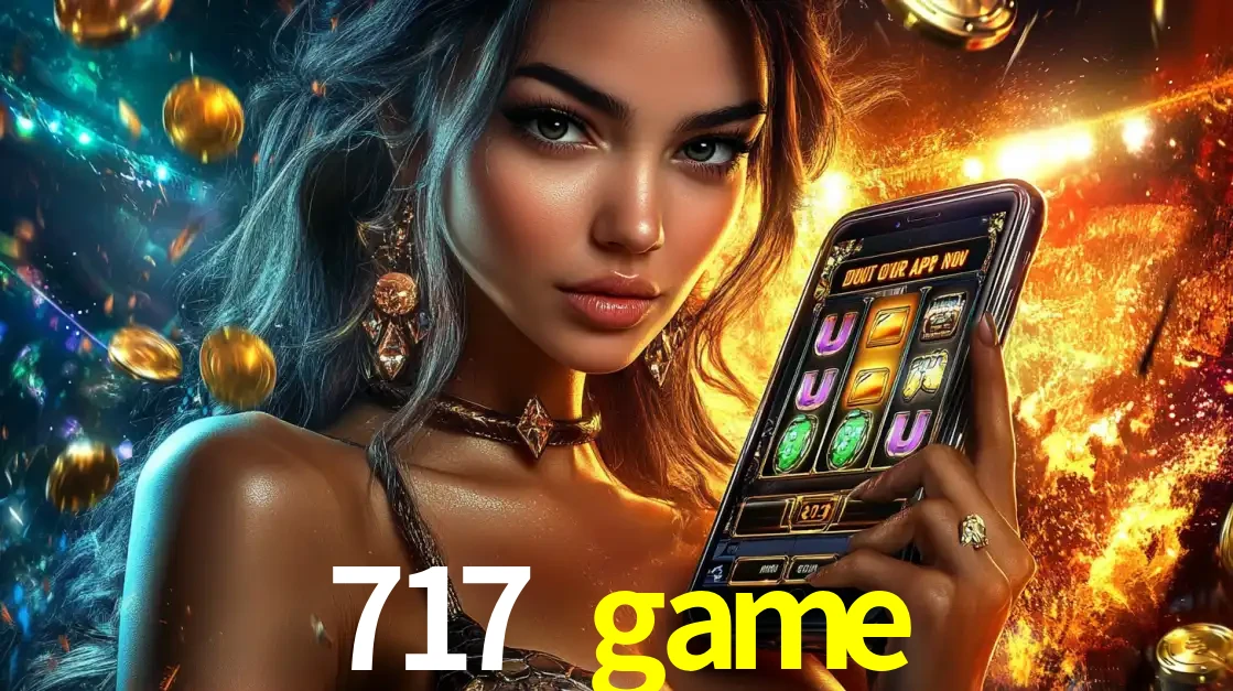 Mulher elegante mostrando um jogo de caça-níqueis em seu smartphone, destacando a experiência de cassino móvel oferecida pelo aplicativo 717 game.
