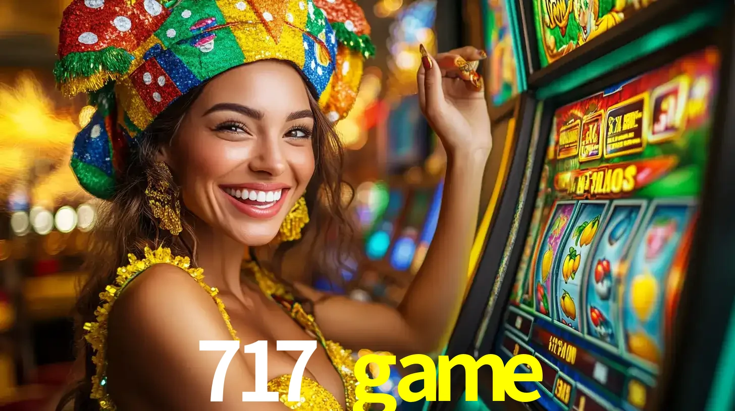 Mulher feliz com traje de carnaval amarelo e colorido ao lado de uma máquina de caça-níqueis, aproveitando a diversão e os jogos temáticos do cassino 717 game.