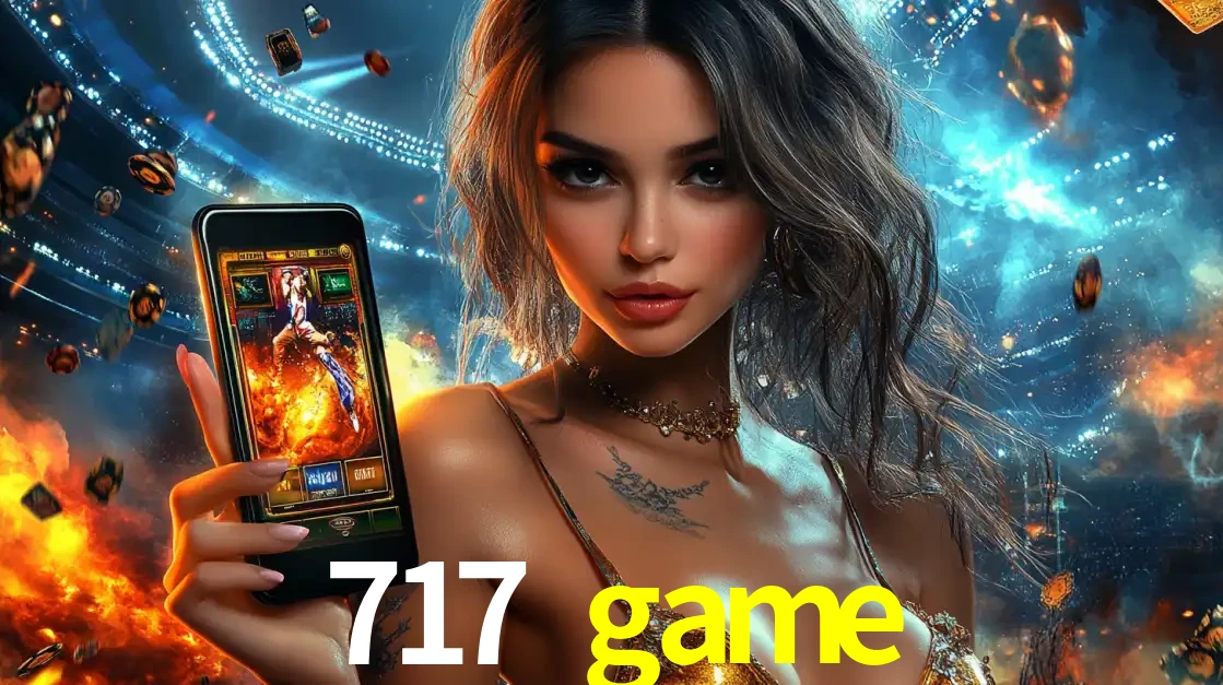 Mulher segurando um celular com um jogo de slot em destaque, tendo como fundo um estádio vibrante, simbolizando a emoção de jogar no cassino móvel 717 game.