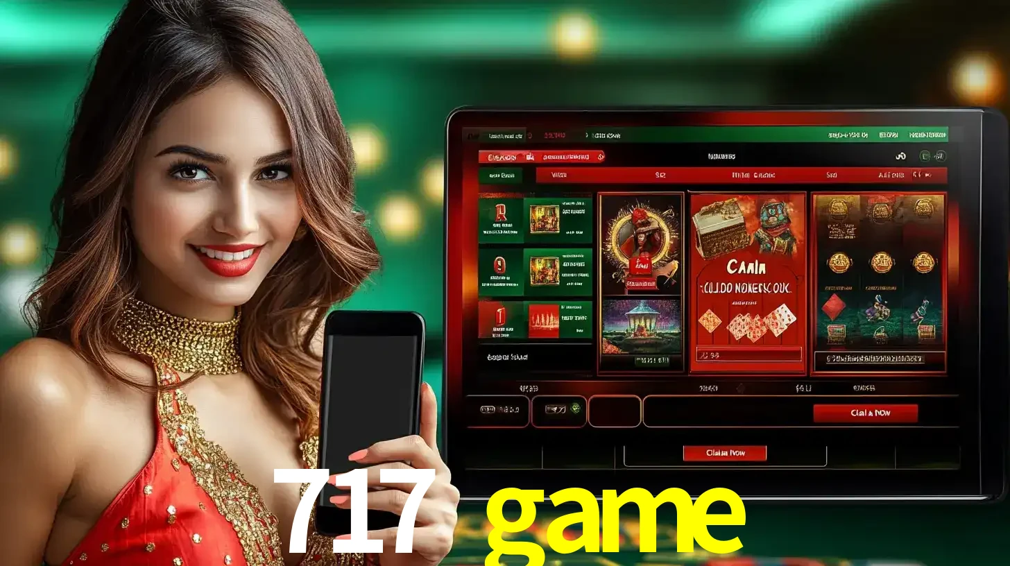 Mulher sorridente segurando um smartphone, ao lado de uma tela exibindo o lobby de jogos do cassino online 717 game, com várias opções de jogos de cartas e slots.